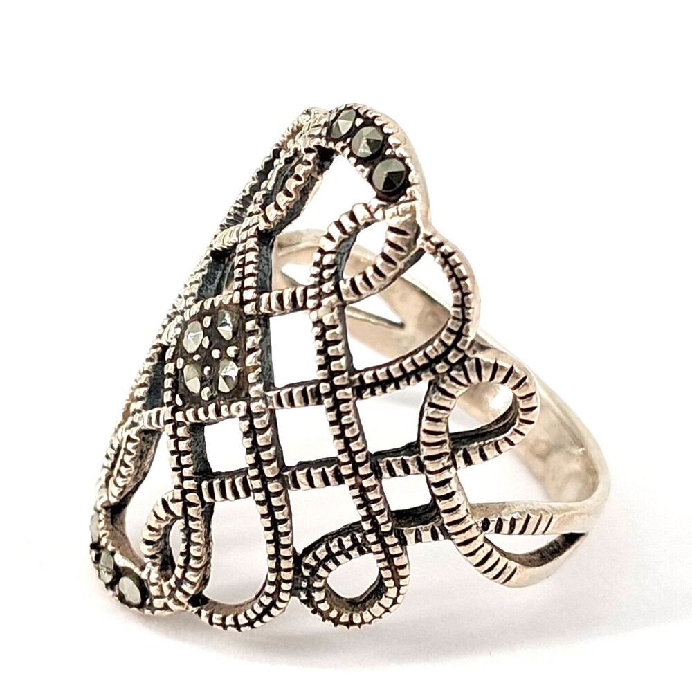 Sterling Silver and Marcasite Woven Filigree Design Ring - Size 7